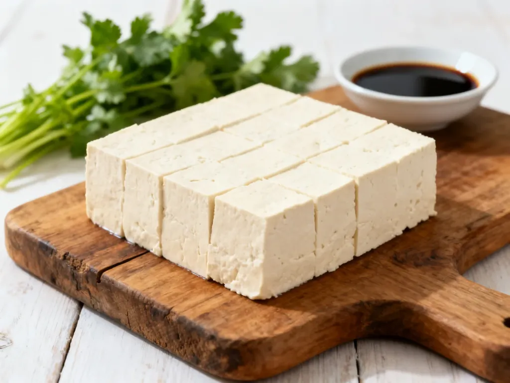 Kostka twardego tofu na drewnianej desce z ziołami i sosem sojowym, podkreślająca zdrowy i naturalny charakter produktu.