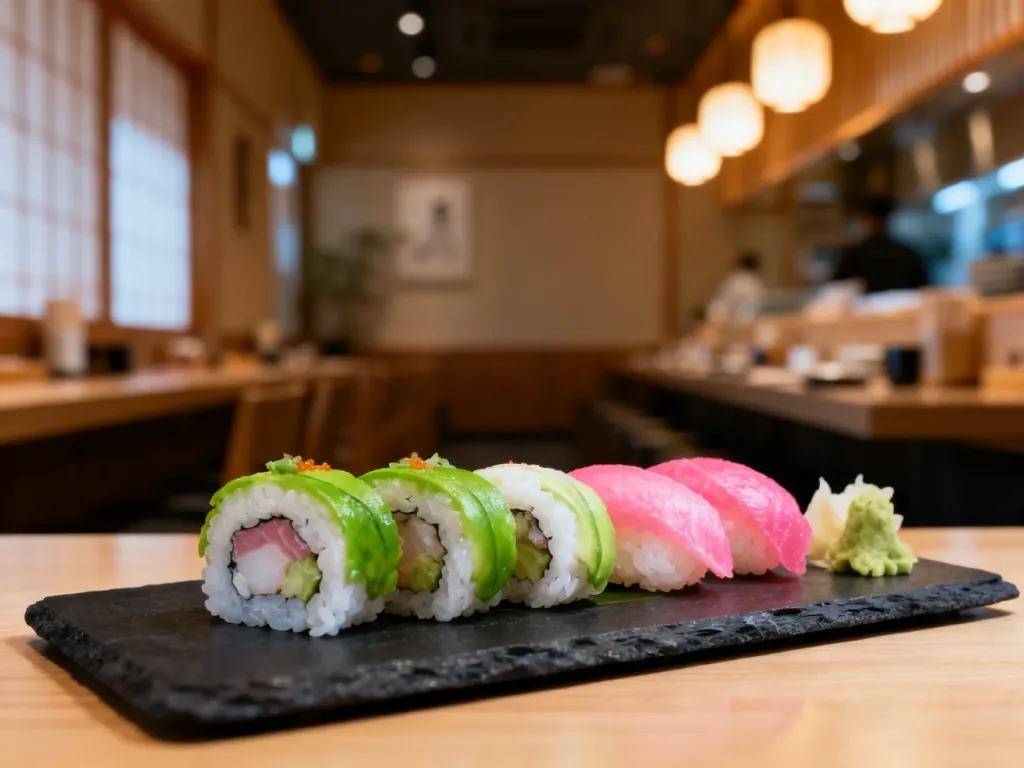 Świeże sushi podane na ciemnej kamiennej desce w restauracyjnym wnętrzu. Apetyczna prezentacja tradycyjnych japońskich rolek.