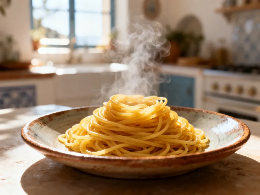 Parująca porcja spaghetti na rustykalnym talerzu w słonecznej kuchni, podkreślająca apetyczny wygląd dania.